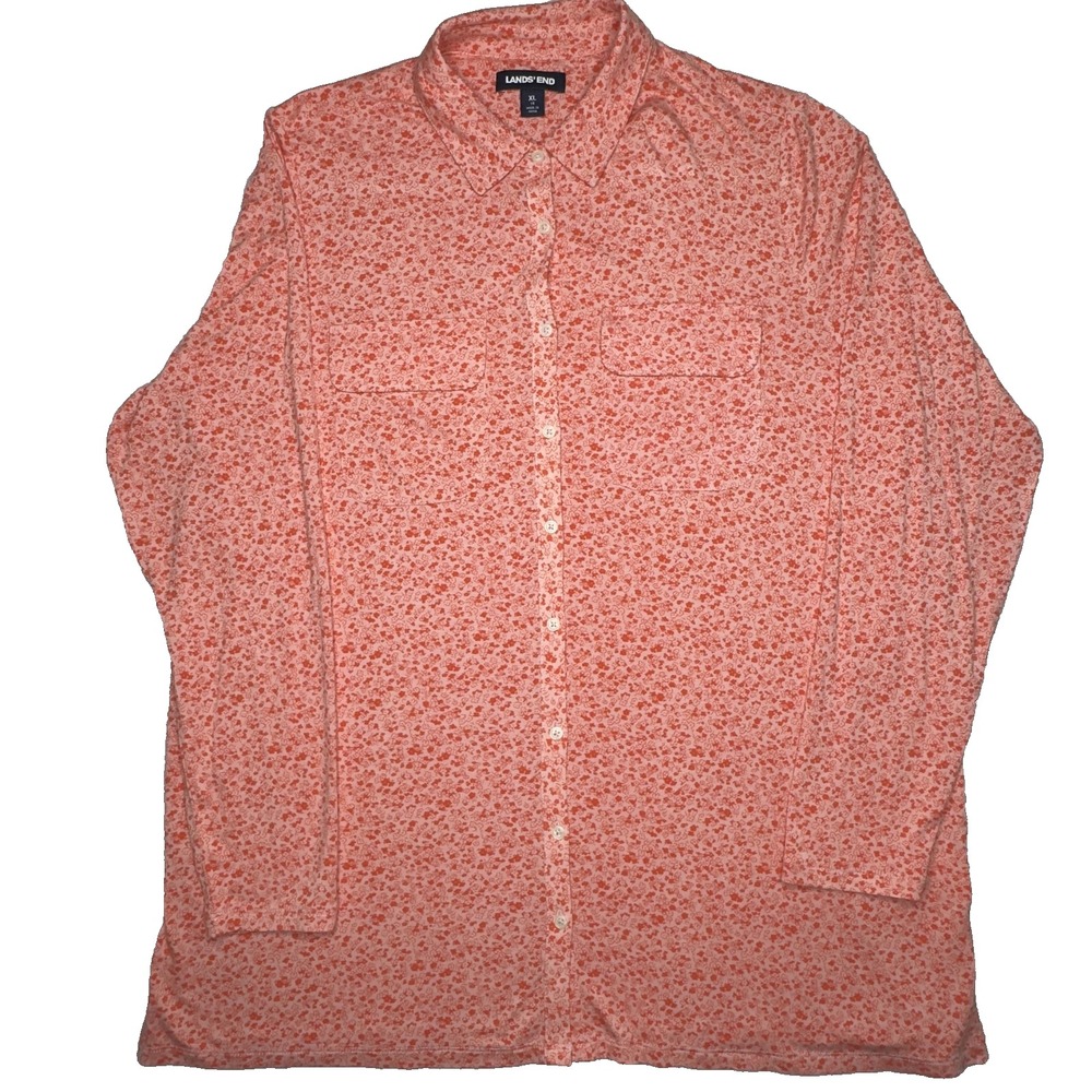 Lands End Shirt Womens XL 18 Pink Floral Button Front Long Sleeve Stretch Blouse